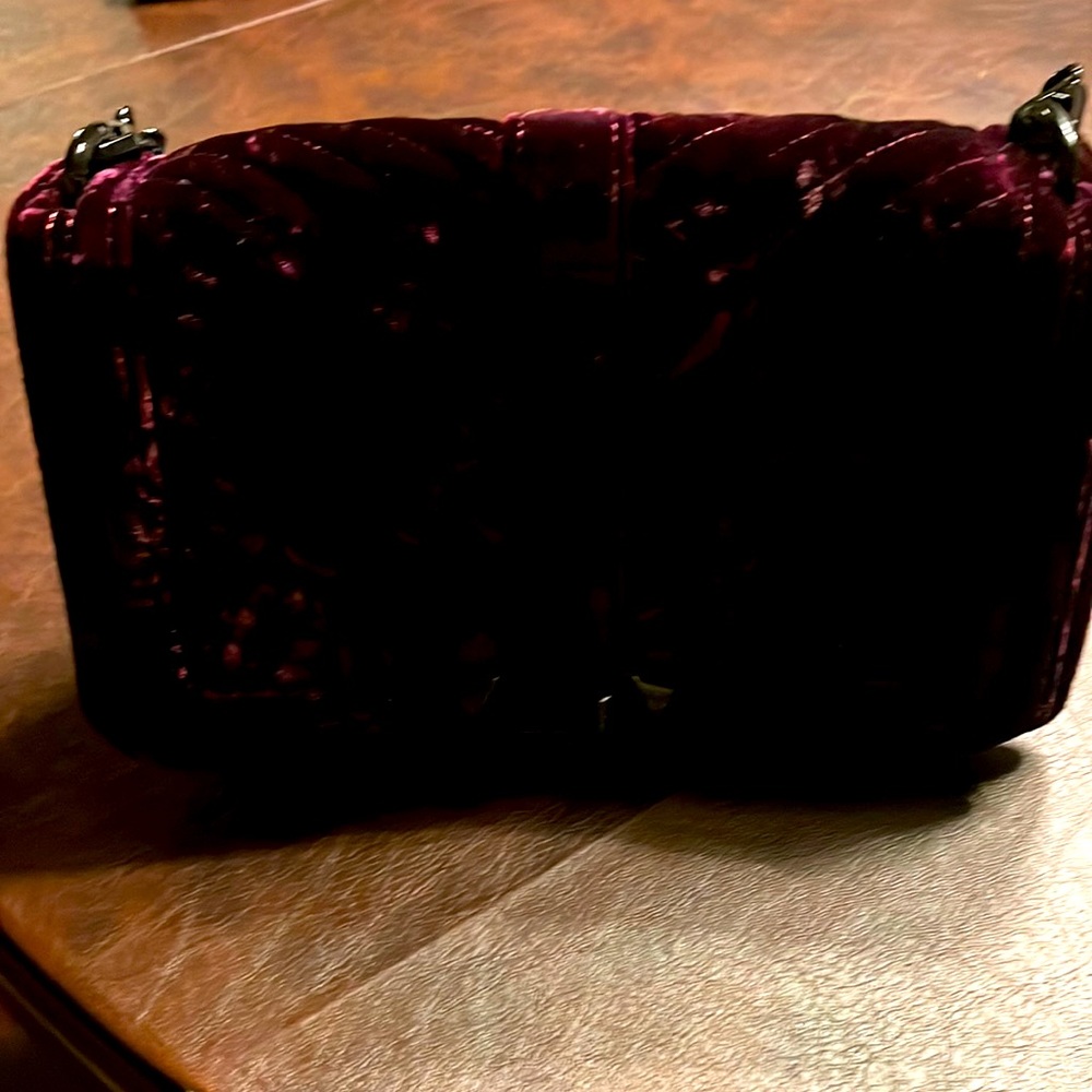 New without tags burgundy velvet REBECCA MINKOFF handbag with black chain